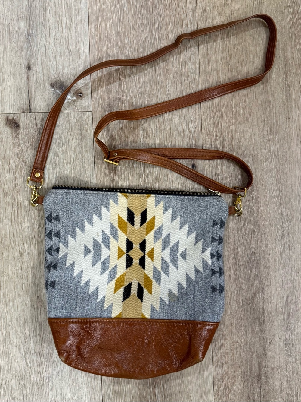 Tribal Gray & Mustard Southwestern Crossbody Bag with Brown Trim